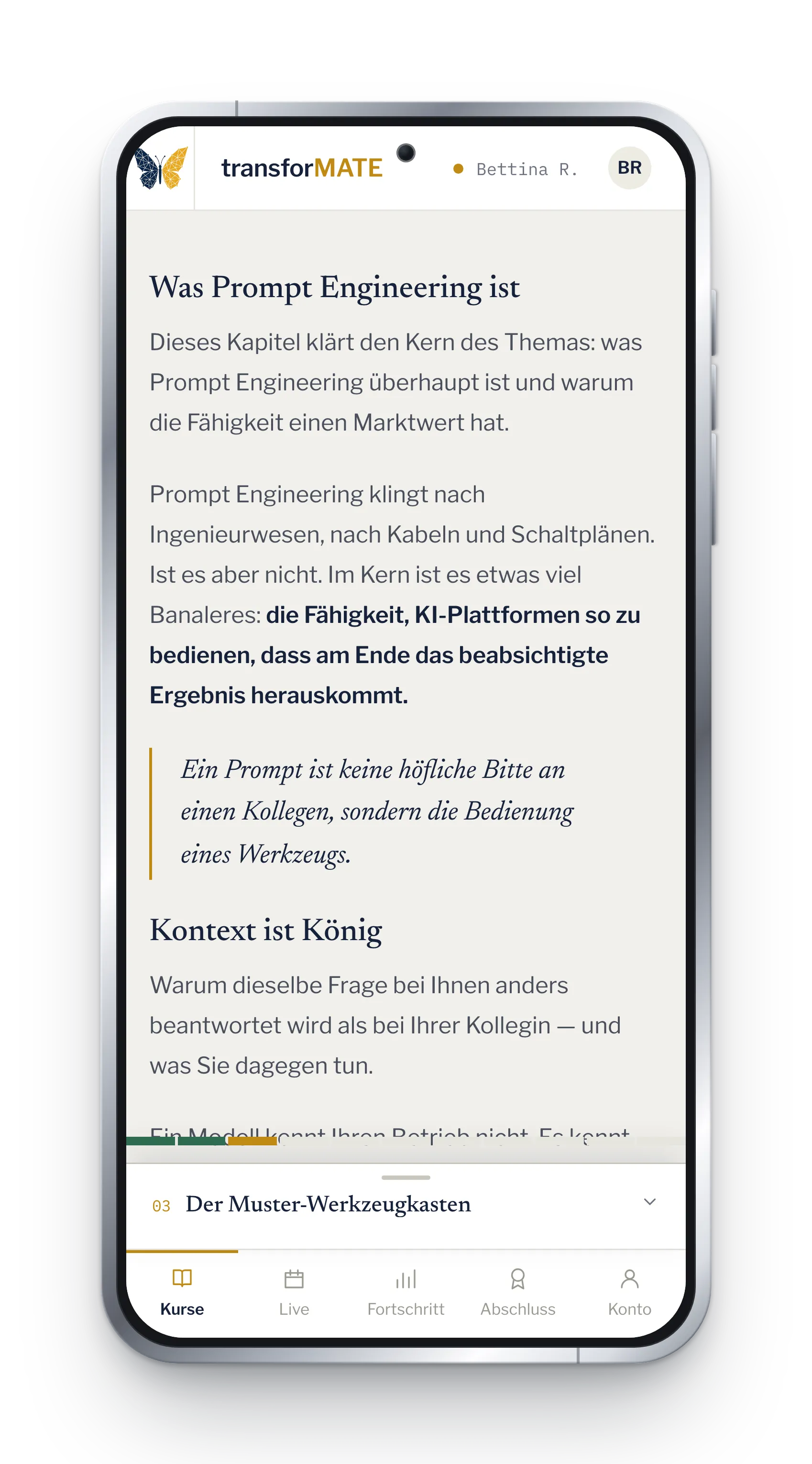 Jede Lektion als geschriebene Einheit.